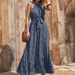 Boho Floral mini ditsy Belted Halter Maxi Dress navy